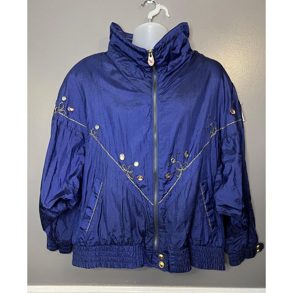 Vintage John Weitz Jacket Womens 2X Blue Embellished Crinkle Bomber Zip 80s 90s